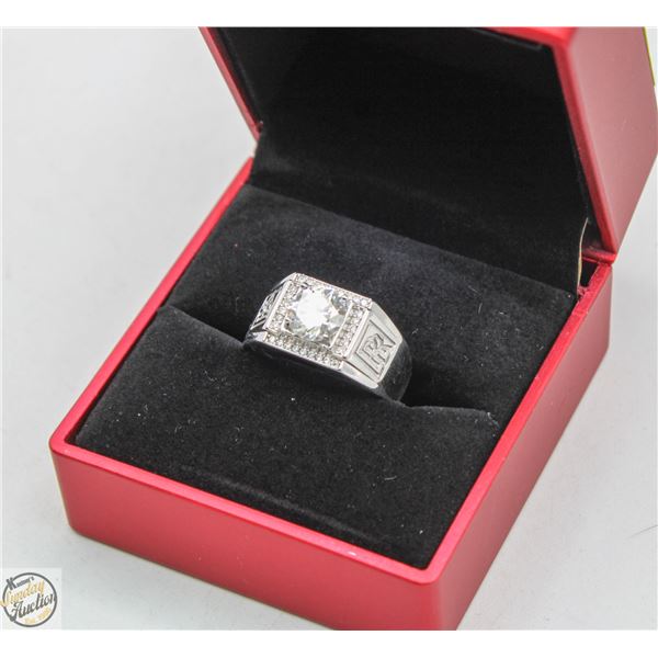 SILVER & CZ MENS RING. NEW IN LIGHTED BOX