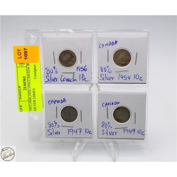 1937,1949,1954,1956 CANADA 80% SILVER DIMES