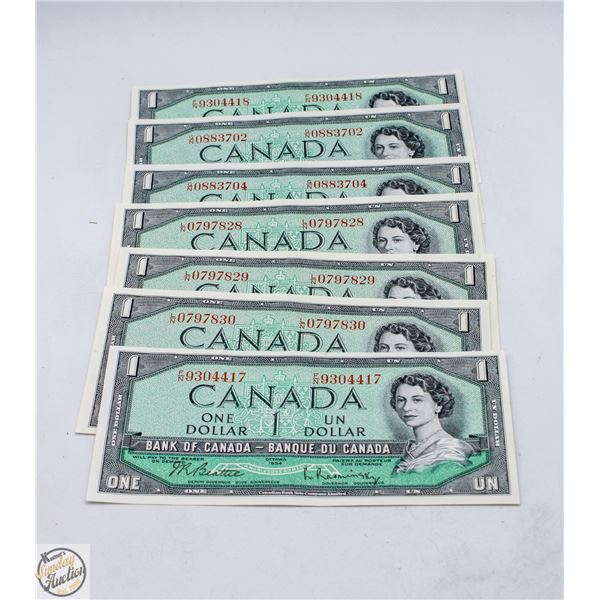 LOT OF 7 CANADIAN ONE DOLLAR BILL 1954