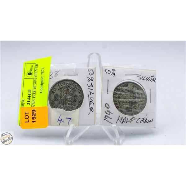 2 HALF CROWNS 1938-40 50% SILVER