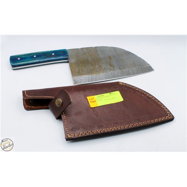 DAMASCUS CLEAVER WITH LEATHER SHEATH