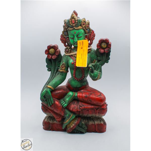WOOD PAINTED GREEN TARA STATUE TIBETAN GOD