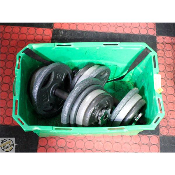 PAIR OF DUMBELLS WITH 100LBS OF PLATES