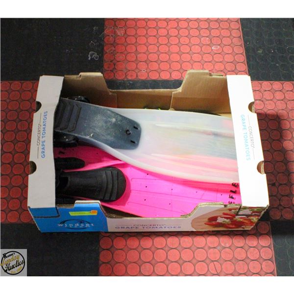 BOX W/ 2 PAIRS OF ADULT SCUBA DIVING FINS & MORE