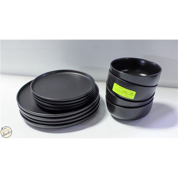BLACK DISHES SET WITH 16 PIECE GLASSWARE SET