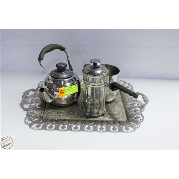 TURKISH MADE SILVER PLATTER WITH FRENCH PRESS