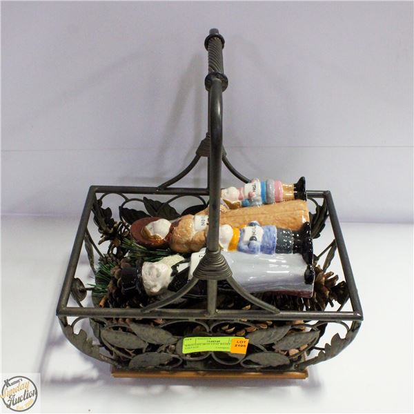 WROUGHT IRON LEAF BASKET AND VINTAGE