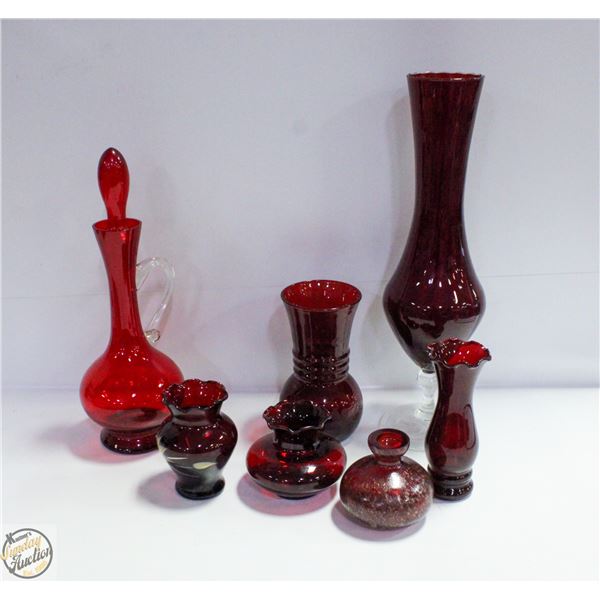 RUBY RED DECANTER AND VASES