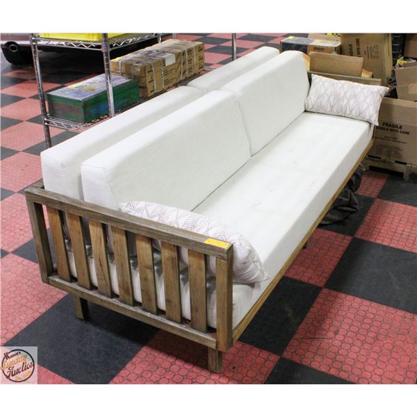 CB2 WOOD PATIO COUCH WITH CUSHIONS 79"X32"X25"