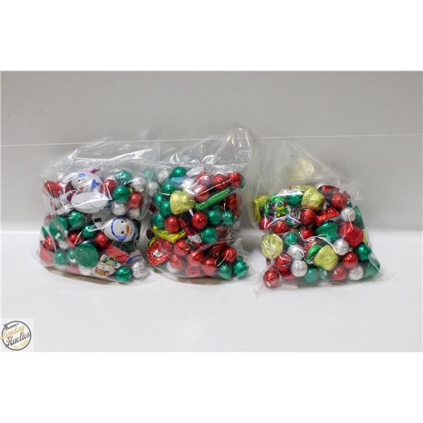 3 BAGS OF CHRISTMAS FOIL WRAPPED CHOCOLATES, KRISP