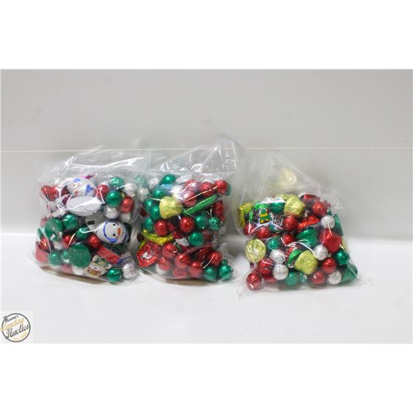 3 BAGS OF CHRISTMAS FOIL WRAPPED CHOCOLATES, KRISP
