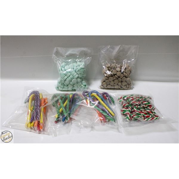 6 BAGS CANDY CANES, 1 BAG MINTS, 1 BAG MAPLE CANDY