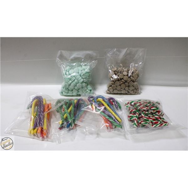 6 BAGS CANDY CANES, 1 BAG MINTS, 1 BAG MAPLE CANDY