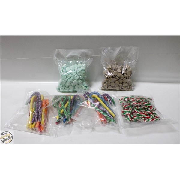 6 BAGS CANDY CANES, 1 BAG MINTS, 1 BAG MAPLE CANDY