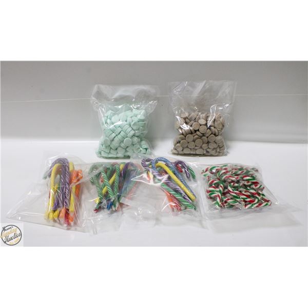 6 BAGS CANDY CANES, 1 BAG MINTS, 1 BAG MAPLE CANDY