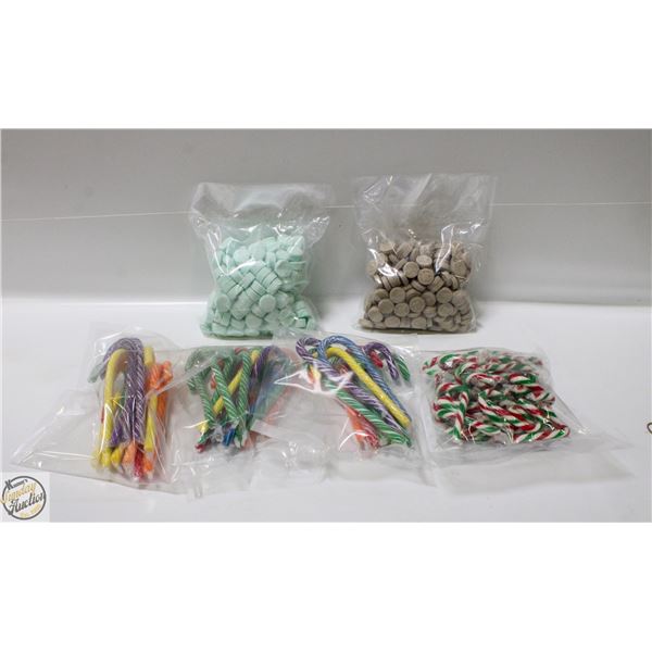 6 BAGS CANDY CANES, 1 BAG MINTS, 1 BAG MAPLE CANDY