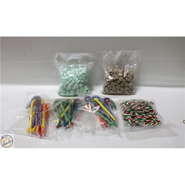 6 BAGS CANDY CANES, 1 BAG MINTS, 1 BAG MAPLE CANDY