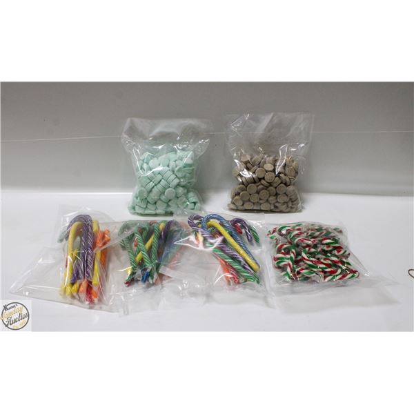 6 BAGS CANDY CANES, 1 BAG MINTS, 1 BAG MAPLE CANDY
