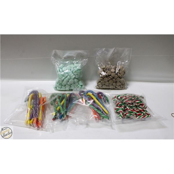 6 BAGS CANDY CANES, 1 BAG MINTS, 1 BAG MAPLE CANDY