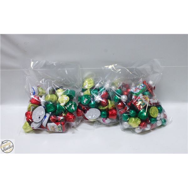 3 BAGS OF CHRISTMAS FOIL WRAPPED CHOCOLATES, KRISP