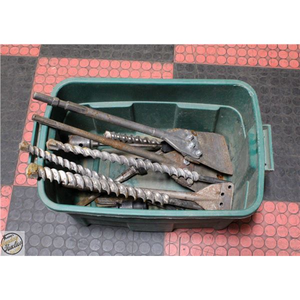 BIN OF VARIOUS BITS - INCLUDES 7 VARIOUS CHISELS,