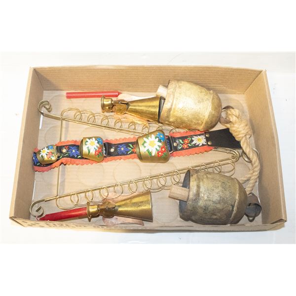 VINTAGE BRASS AUSTRIAN COW BELLS ON RIBBON,
