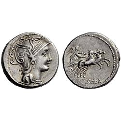 Roman Rep.  C. Claudius Pulcher. Denarius 110 or 109, AR 3.97g.