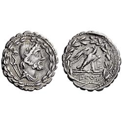 Roman Rep.  L. Aurelius Cotta. Denarius serratus 105, AR 3.88g.