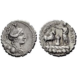 Roman Rep.  A. Postumius A. f. Sp. n. Albinus. Denarius serr. 81, AR 4.05g.