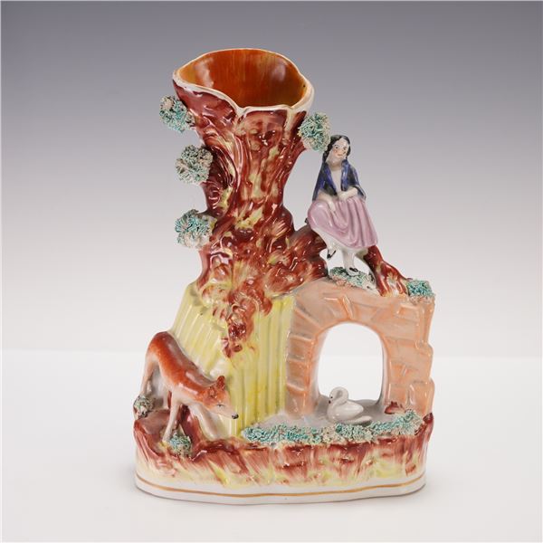 Staffordshire Spill Vase, Girl on Bridge with Fox & Swan