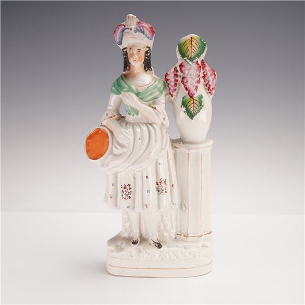 Antique Staffordshire Porcelain Figurine, Girl with Tambourine and Vase