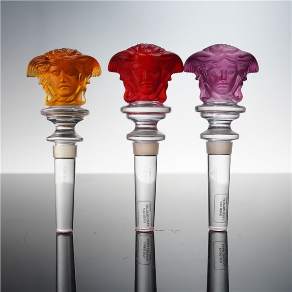 3pc Rosenthal Crystal Versace Medusa Bottle Stoppers- Amber, Red & Purple
