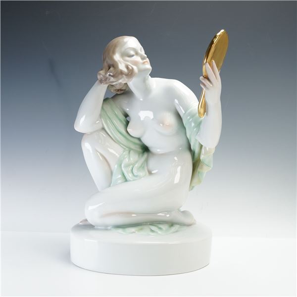 Herend by Szilagyi Nagy Istvan Porcelain Sculpture, Nude Woman with Mirror