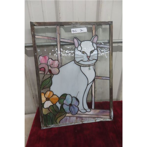 Very Unique Stained Glass Sun Catcher Featuring Cat on Window Ledge, 18" x 24"