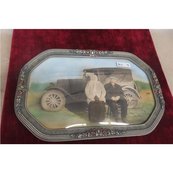 Antique Convex Glass Picture Frame with Early Settler Scene and Vehicle, 14" x 22"
