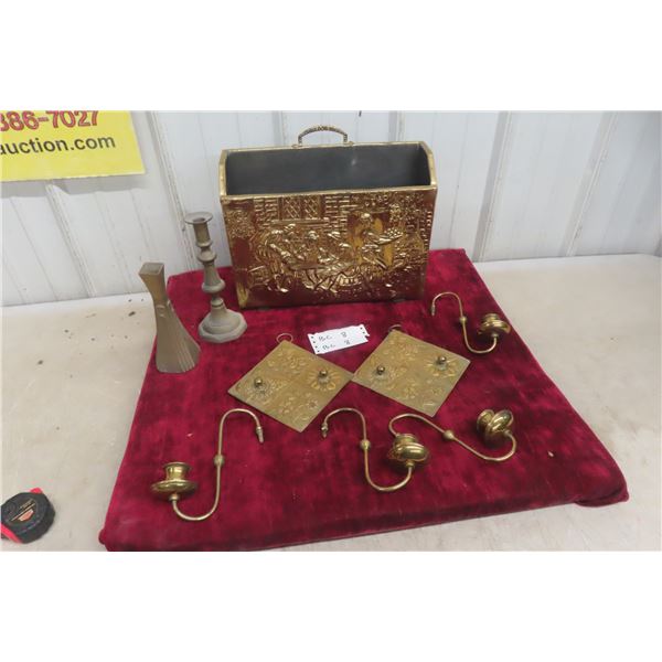 Brass Ornate Magazine Rack with Brass Candleholders