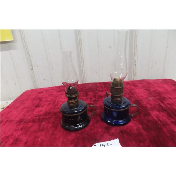 Two Antique Cobalt Blue Mini Coal Oil Finger Lamps - Embossed with "NUTMEG"