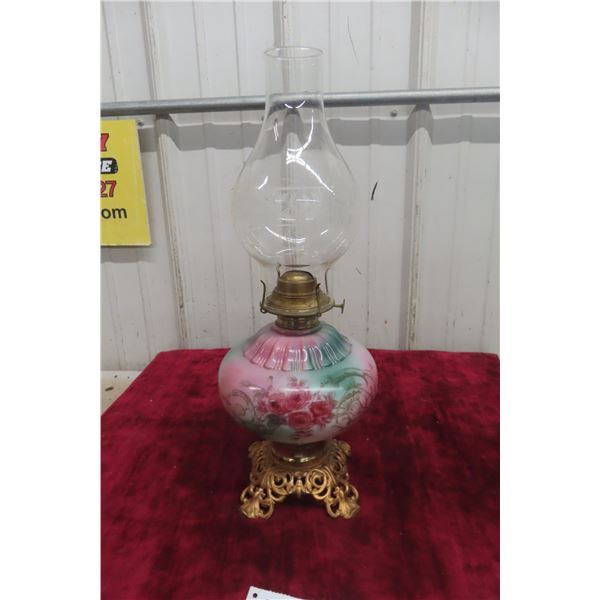 Hand-Painted Coal Oil Lamp with Brass Feet