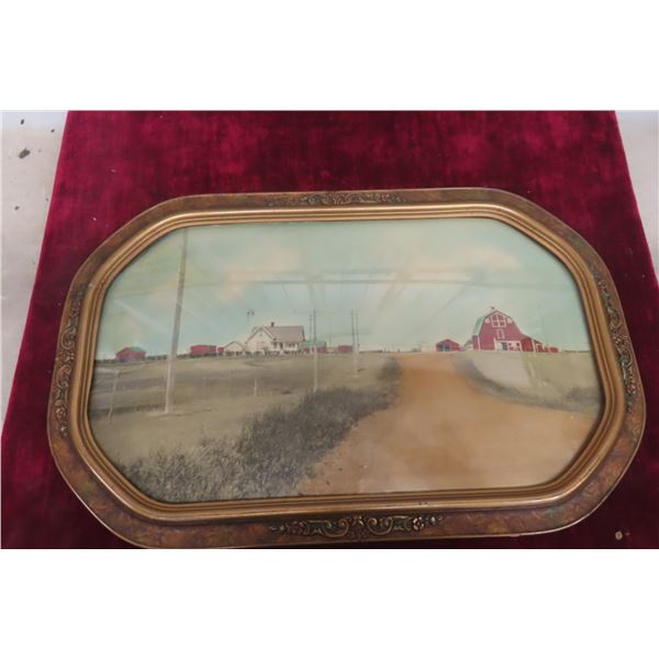 Antique Convex Glass Picture Frame Depicting Farmyard Scene, 14" x 22"