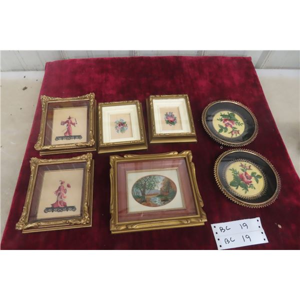 Seven Framed Needlepoint Pictures, Largest 6 1/2" x 7 1/2"