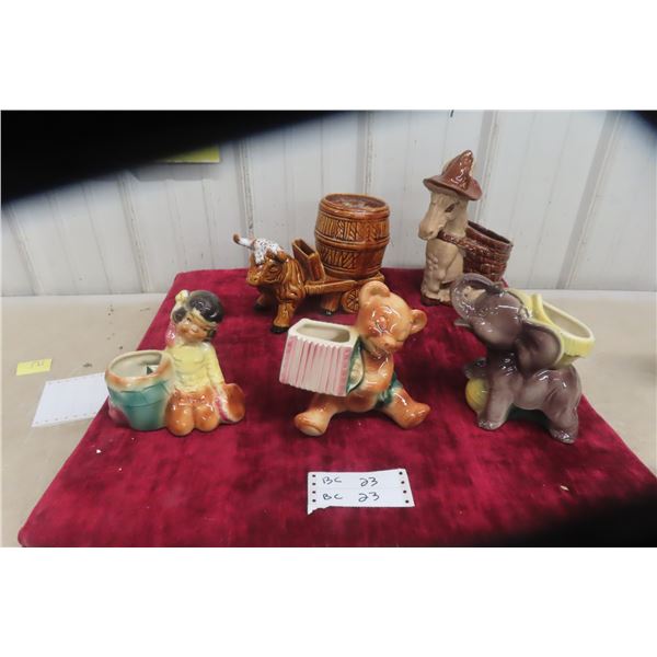Group of Vintage Figural Ceramic Planters – Animals, Cart, and Character Motifs