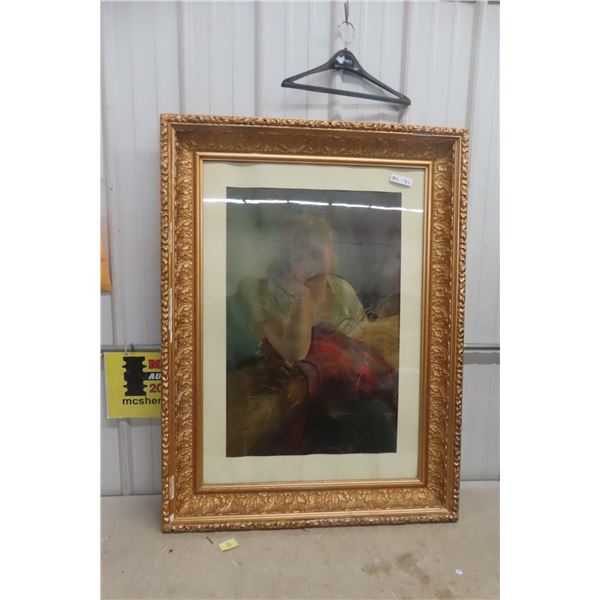 Large Framed Figural Print of Young Woman, Ornate Gilt Frame, 36" x 48"
