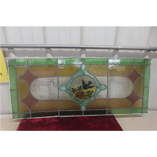 Victorian Era Stained Glass Window Panel with Bird and Floral Mosaic, 16" x 38"