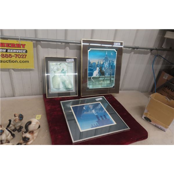 Three Framed Cat Pictures, Largest 16" x 20"