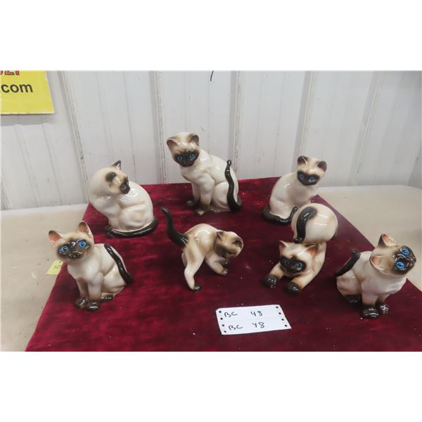 Six 1950s Siamese Cat Kitten Ornaments, Largest 9" Tall