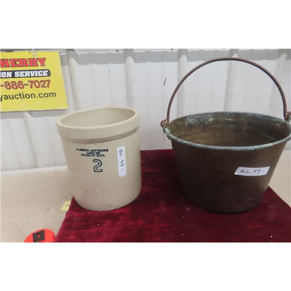 Brass Bucket and Two Gallon Alberta Potteries Stoneware Crock