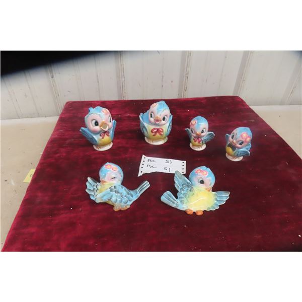Vintage Lefton Bluebird Pastel Ceramic Creamer, Sugar, and Salt & Pepper Set
