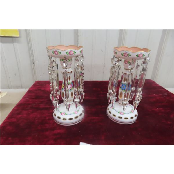 Pair of Victorian Bohemian Overlay Glass Lustres with Drops, 8 1/2" Tall