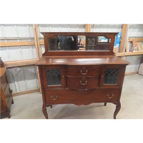 Oak 1/4 Cut Buffet with Beveled Mirror and Leaded Glass, 55" x 48" x 20"