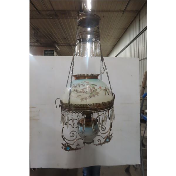 Victorian Style Hanging Lamp with Hand-Painted Shade and Prisms